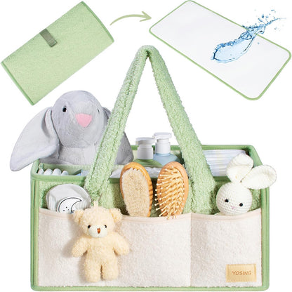 2in1 Diaper Caddy with Changing Pad, Baby Diaper Caddy Organizer with Changing Mat, Newborn Caddy for Car Travel, Nursery Storage and Car Organizer for Diapers and Baby Wipes, Green+ White