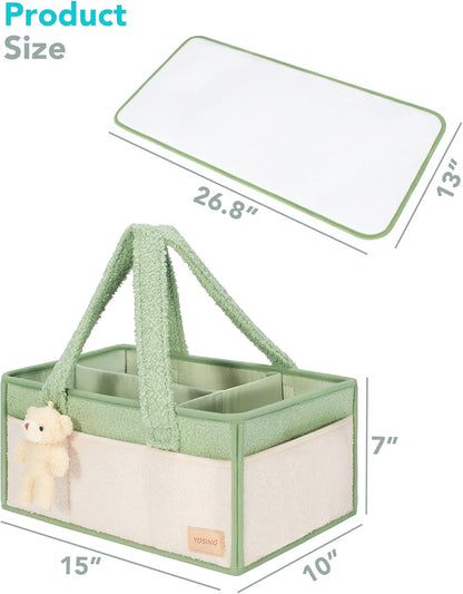 2in1 Diaper Caddy with Changing Pad, Baby Diaper Caddy Organizer with Changing Mat, Newborn Caddy for Car Travel, Nursery Storage and Car Organizer for Diapers and Baby Wipes, Green+ White