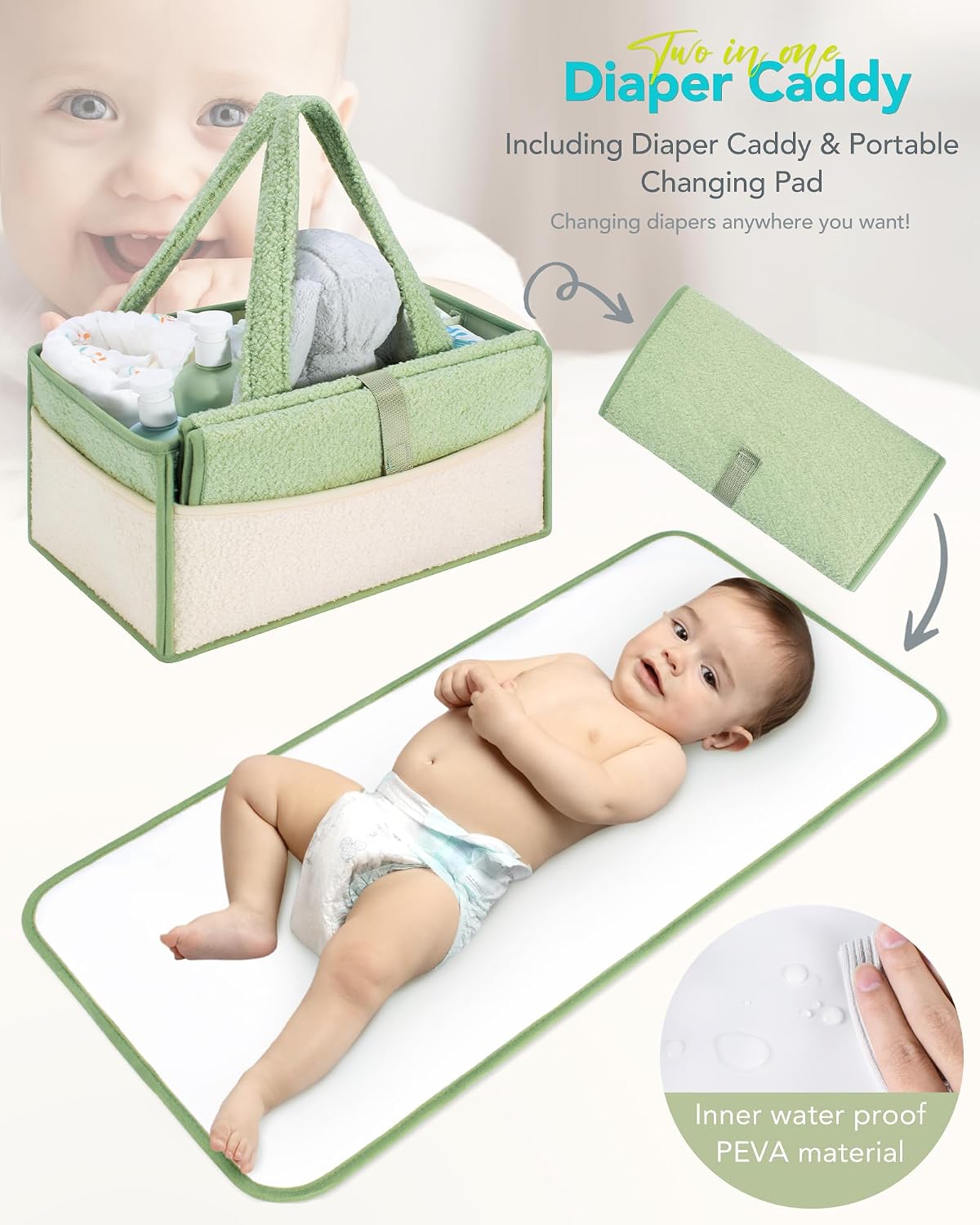 2in1 Diaper Caddy with Changing Pad, Baby Diaper Caddy Organizer with Changing Mat, Newborn Caddy for Car Travel, Nursery Storage and Car Organizer for Diapers and Baby Wipes, Green+ White