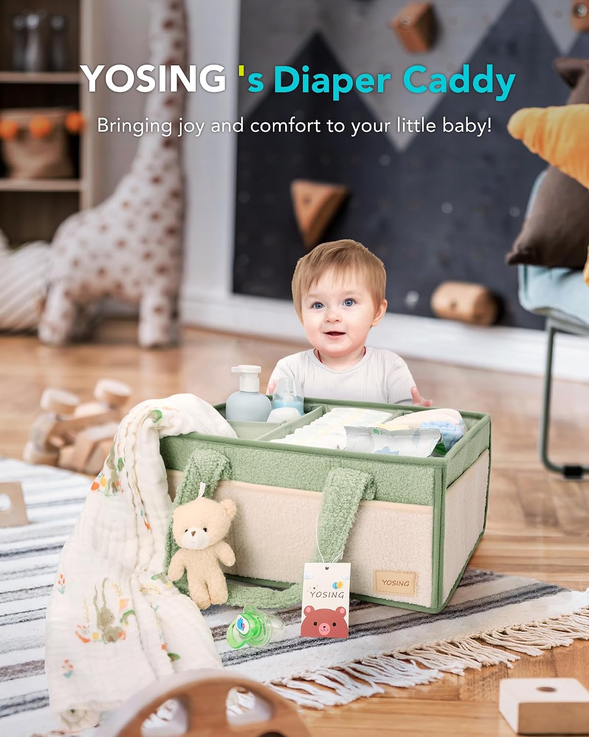 2in1 Diaper Caddy with Changing Pad, Baby Diaper Caddy Organizer with Changing Mat, Newborn Caddy for Car Travel, Nursery Storage and Car Organizer for Diapers and Baby Wipes, Green+ White
