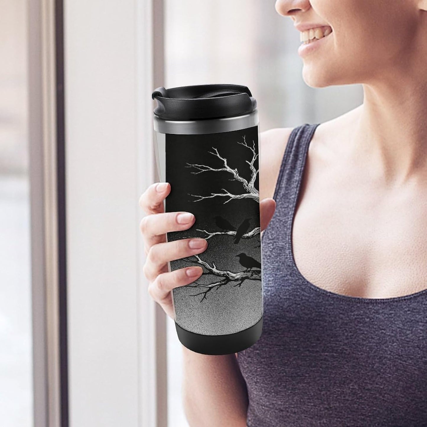13oz Insulated Travel Coffee Mug Reusable Coffee Cup Water Bottle | Black - Dark Night Travel Mug with Leak Proof Lid Double Wall Stainless Steel Coffee Tumbler Personalized Gift