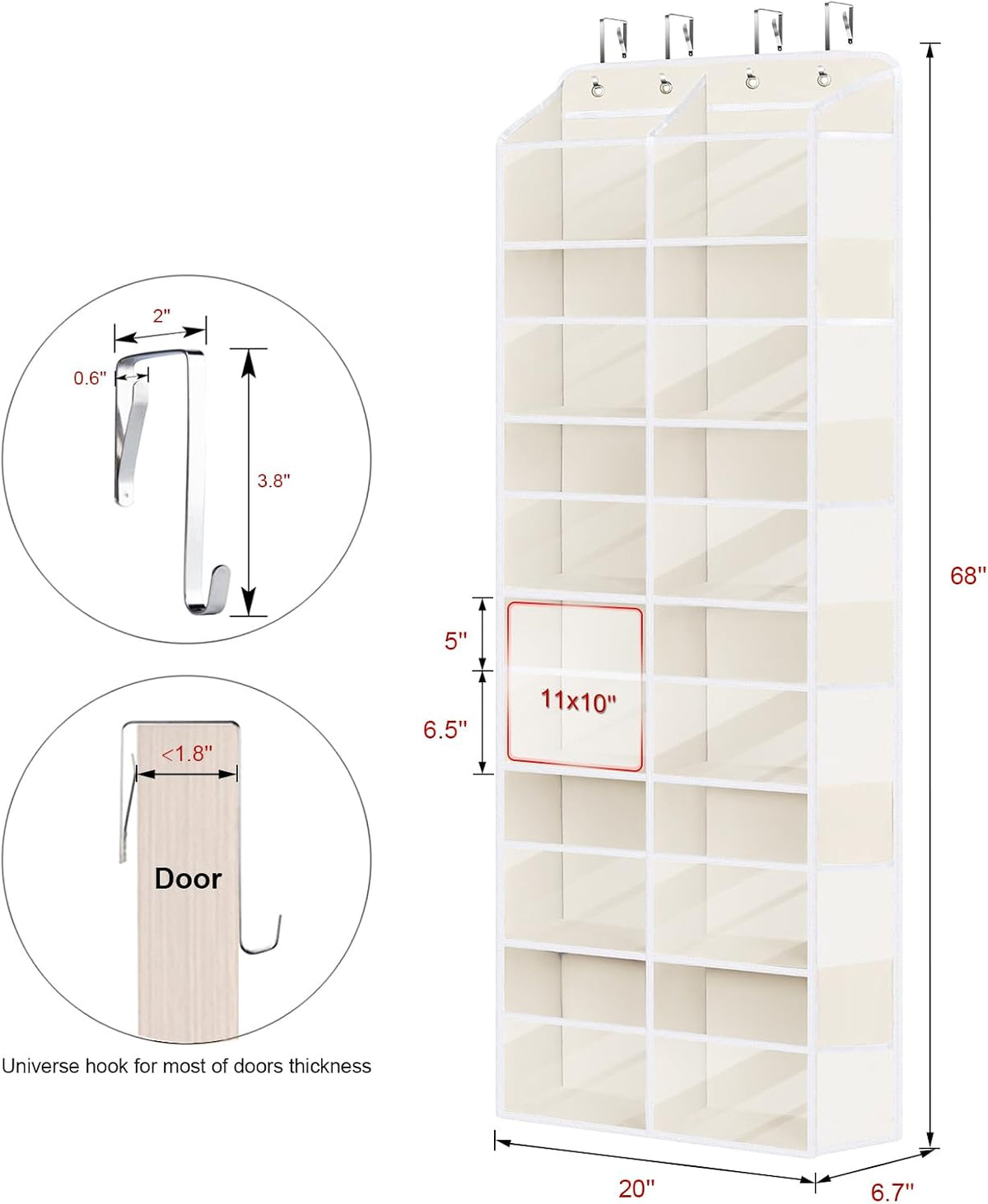 Over the Door Organizer, 6 Tiers Large Behind Door Storage, Grey