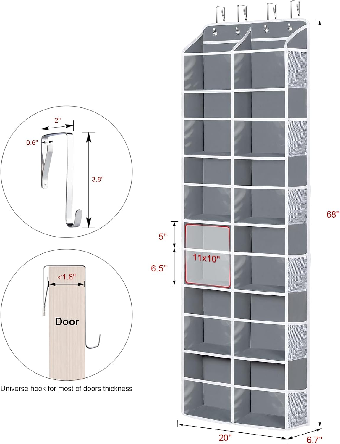 Over the Door Organizer, 6 Tiers Large Behind Door Storage, Grey