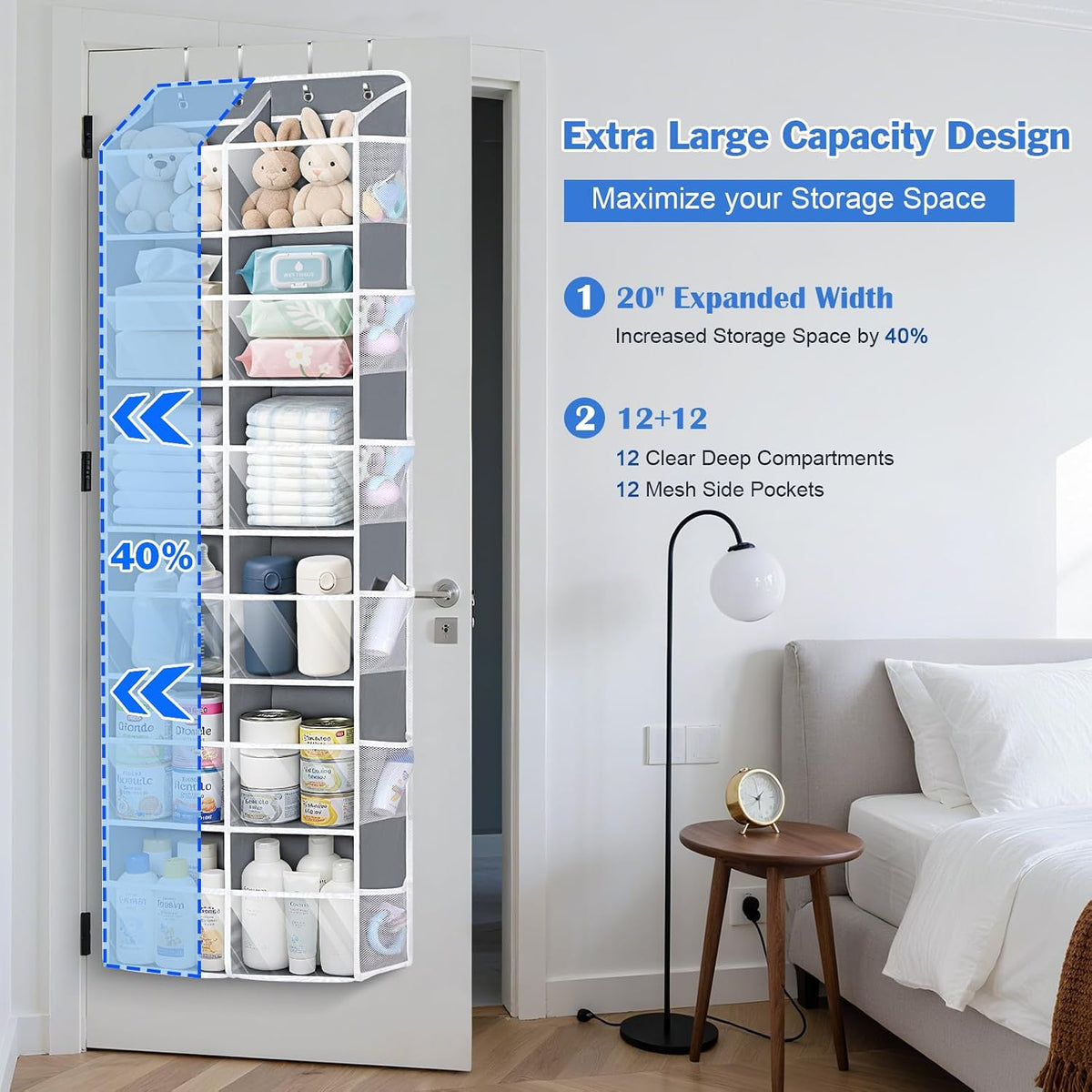 Over the Door Organizer, 6 Tiers Large Behind Door Storage, Grey