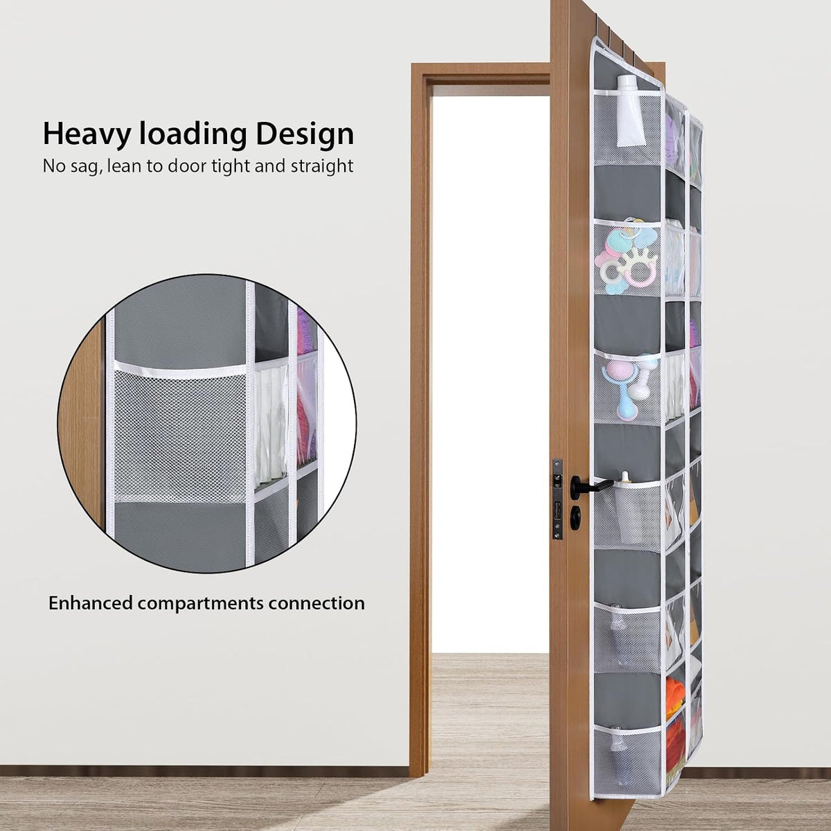 Over the Door Organizer, 6 Tiers Large Behind Door Storage, Grey