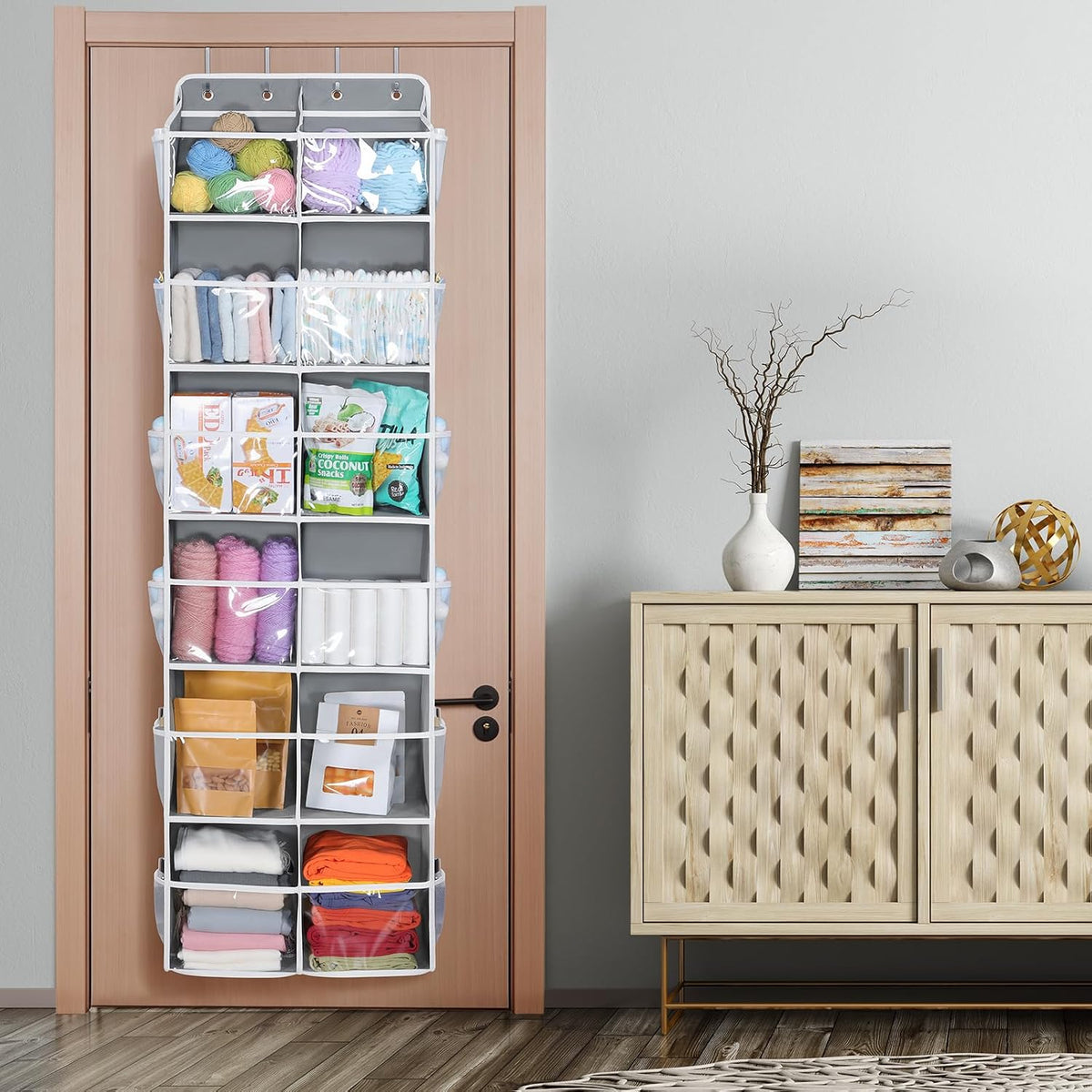 Over the Door Organizer, 6 Tiers Large Behind Door Storage, Grey