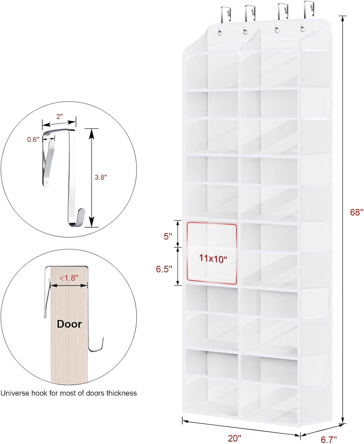 Over the Door Organizer, 6 Tiers Large Behind Door Storage, Grey