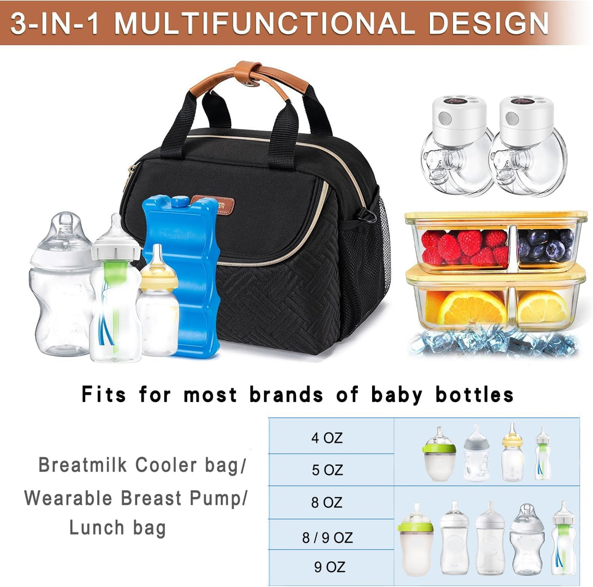 Breastmilk Cooler Bag with Ice Pack Fits 6 Baby Bottles up to 9 Ounce, Wearable Breast Pumps Cooler Bag for Nursing Mom Daycare, Work, Travel- Dark Grey