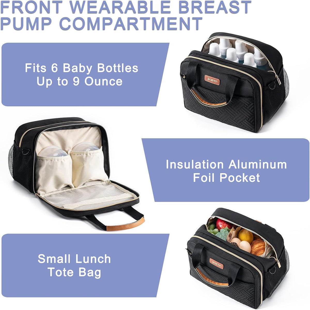 Breastmilk Cooler Bag with Ice Pack Fits 6 Baby Bottles up to 9 Ounce, Wearable Breast Pumps Cooler Bag for Nursing Mom Daycare, Work, Travel- Dark Grey