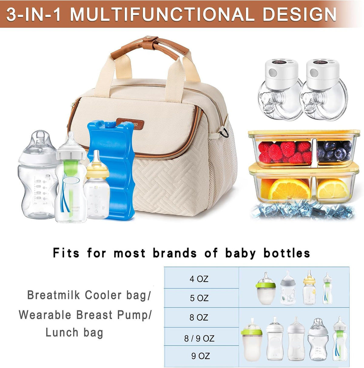 Breastmilk Cooler Bag with Ice Pack Fits 6 Baby Bottles up to 9 Ounce, Wearable Breast Pumps Cooler Bag for Nursing Mom Daycare, Work, Travel- Dark Grey