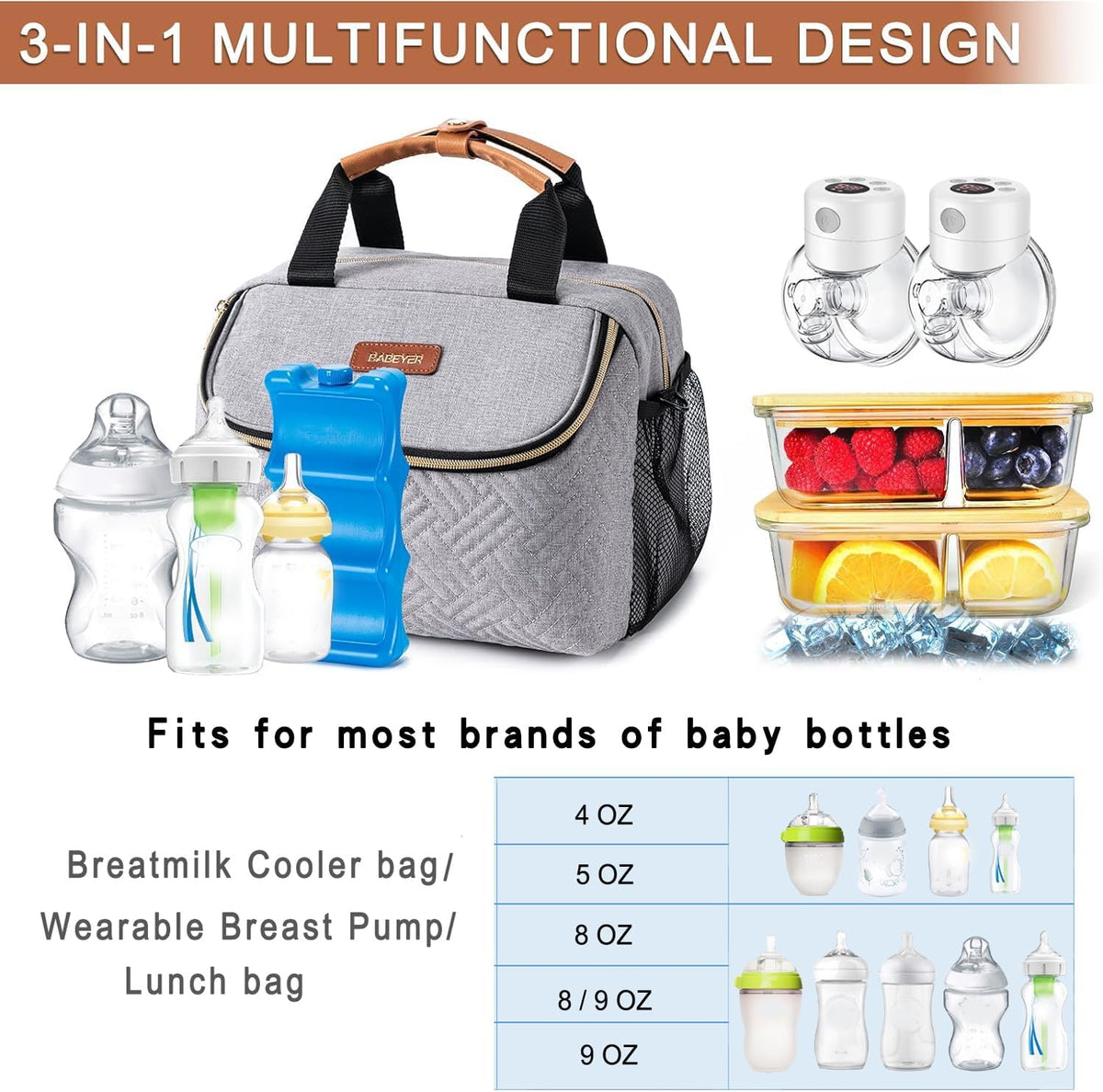 Breastmilk Cooler Bag with Ice Pack Fits 6 Baby Bottles up to 9 Ounce, Wearable Breast Pumps Cooler Bag for Nursing Mom Daycare, Work, Travel- Dark Grey