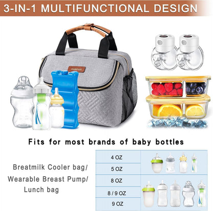 Breastmilk Cooler Bag with Ice Pack Fits 6 Baby Bottles up to 9 Ounce, Wearable Breast Pumps Cooler Bag for Nursing Mom Daycare, Work, Travel- Dark Grey