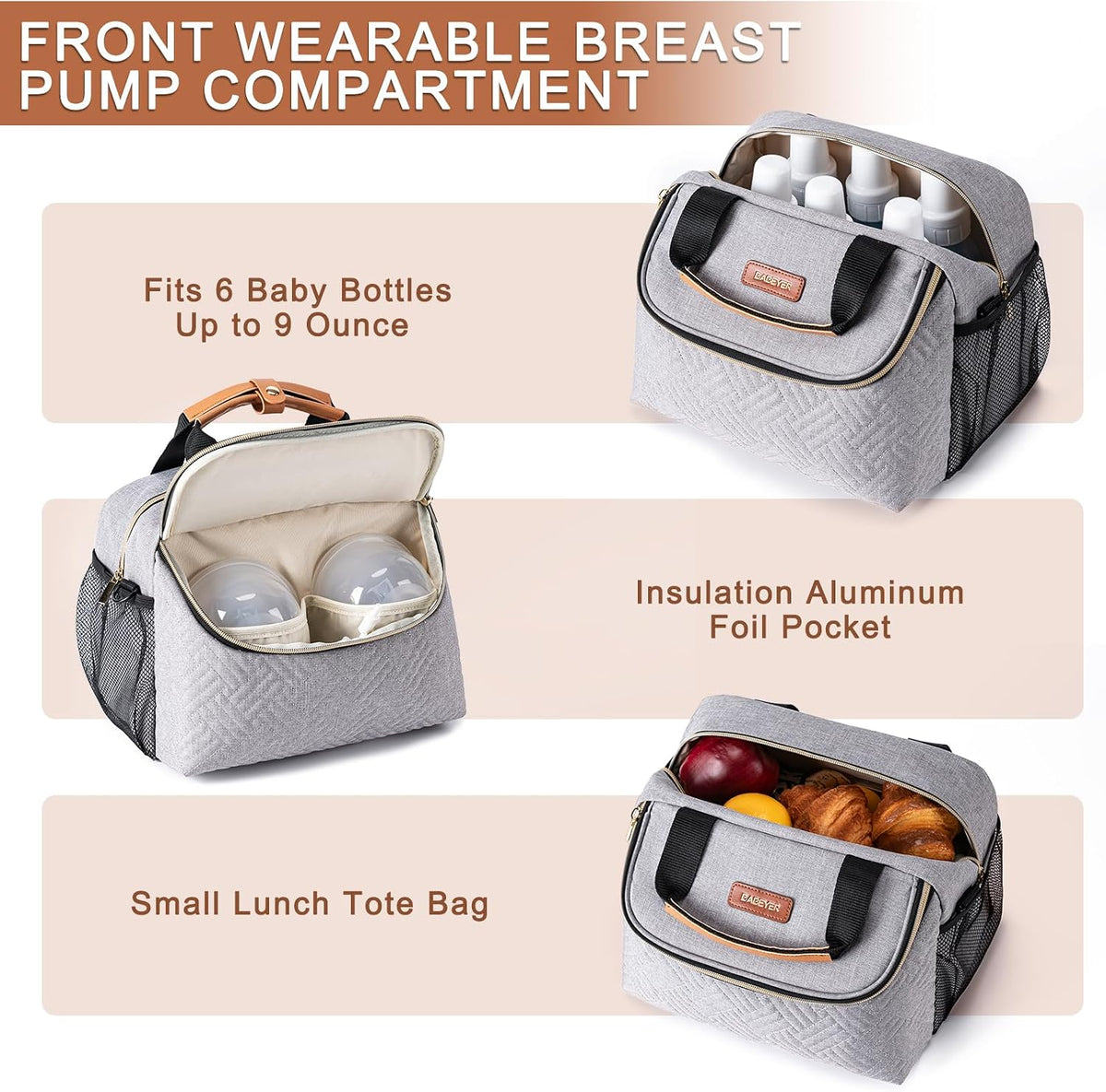Breastmilk Cooler Bag with Ice Pack Fits 6 Baby Bottles up to 9 Ounce, Wearable Breast Pumps Cooler Bag for Nursing Mom Daycare, Work, Travel- Dark Grey