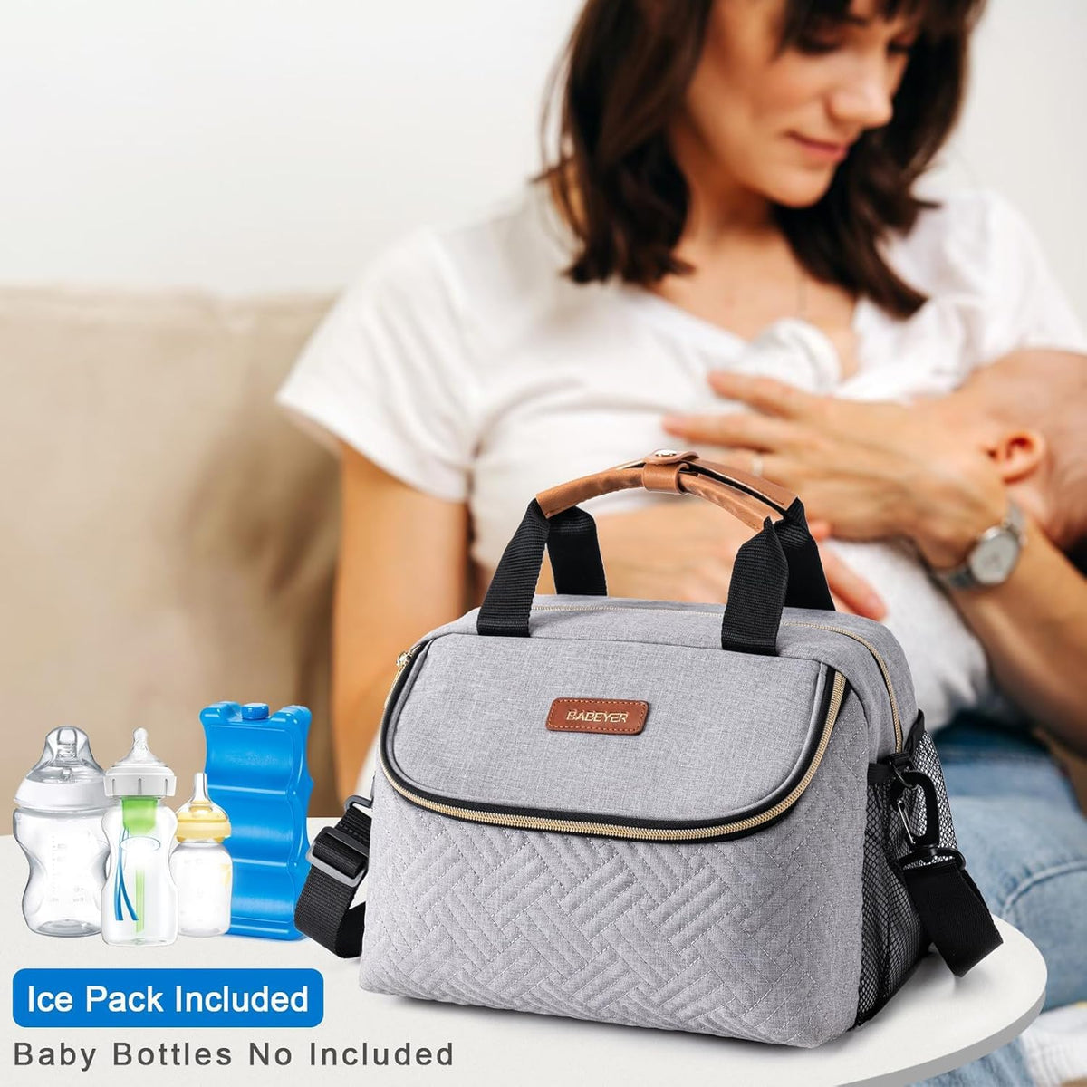 Breastmilk Cooler Bag with Ice Pack Fits 6 Baby Bottles up to 9 Ounce, Wearable Breast Pumps Cooler Bag for Nursing Mom Daycare, Work, Travel- Dark Grey