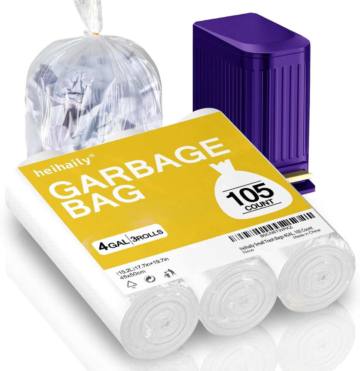 8-Gallon Trash Bags Bathroom Trash-Bags - Medium Unscented Clear White 90 Counts Strong Plastic Recyclable Liners Thick Bulk for Kitchen Office Waste Basket Disposable Compactor
