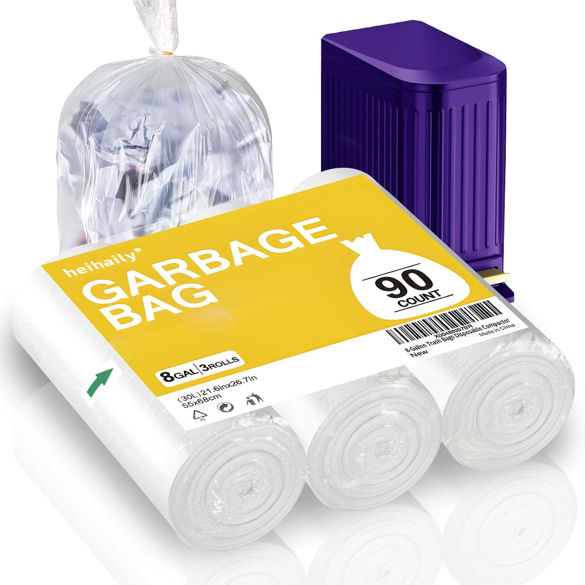 8-Gallon Trash Bags Bathroom Trash-Bags - Medium Unscented Clear White 90 Counts Strong Plastic Recyclable Liners Thick Bulk for Kitchen Office Waste Basket Disposable Compactor
