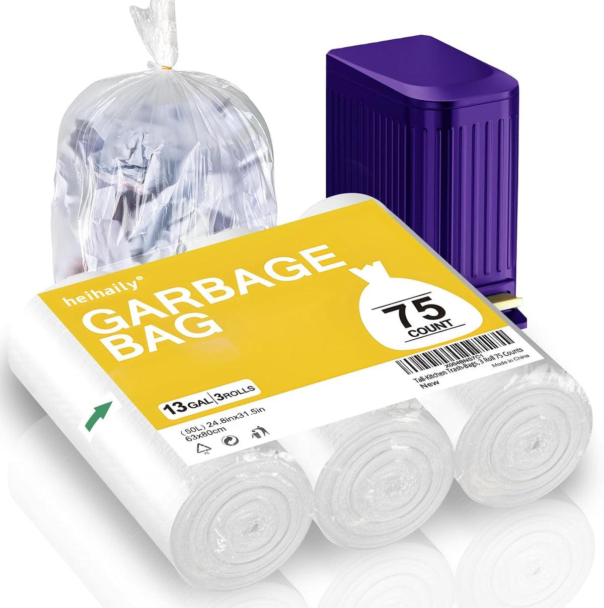 8-Gallon Trash Bags Bathroom Trash-Bags - Medium Unscented Clear White 90 Counts Strong Plastic Recyclable Liners Thick Bulk for Kitchen Office Waste Basket Disposable Compactor