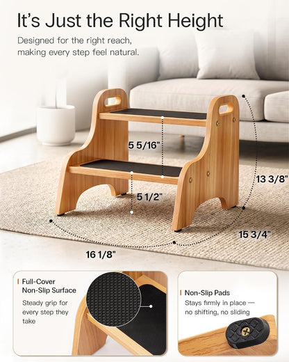 Wooden Toddler 2 Step Stool, 350 lb, Non-Slip, Natural
