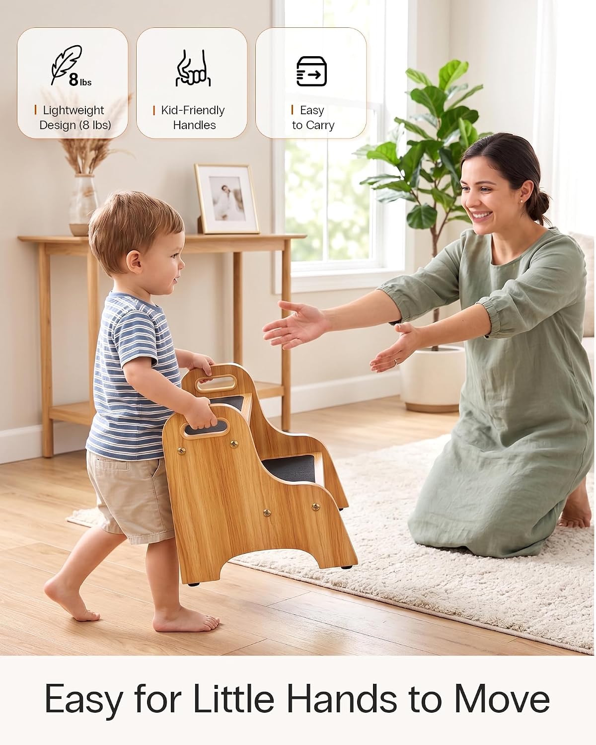 Wooden Toddler 2 Step Stool, 350 lb, Non-Slip, Natural