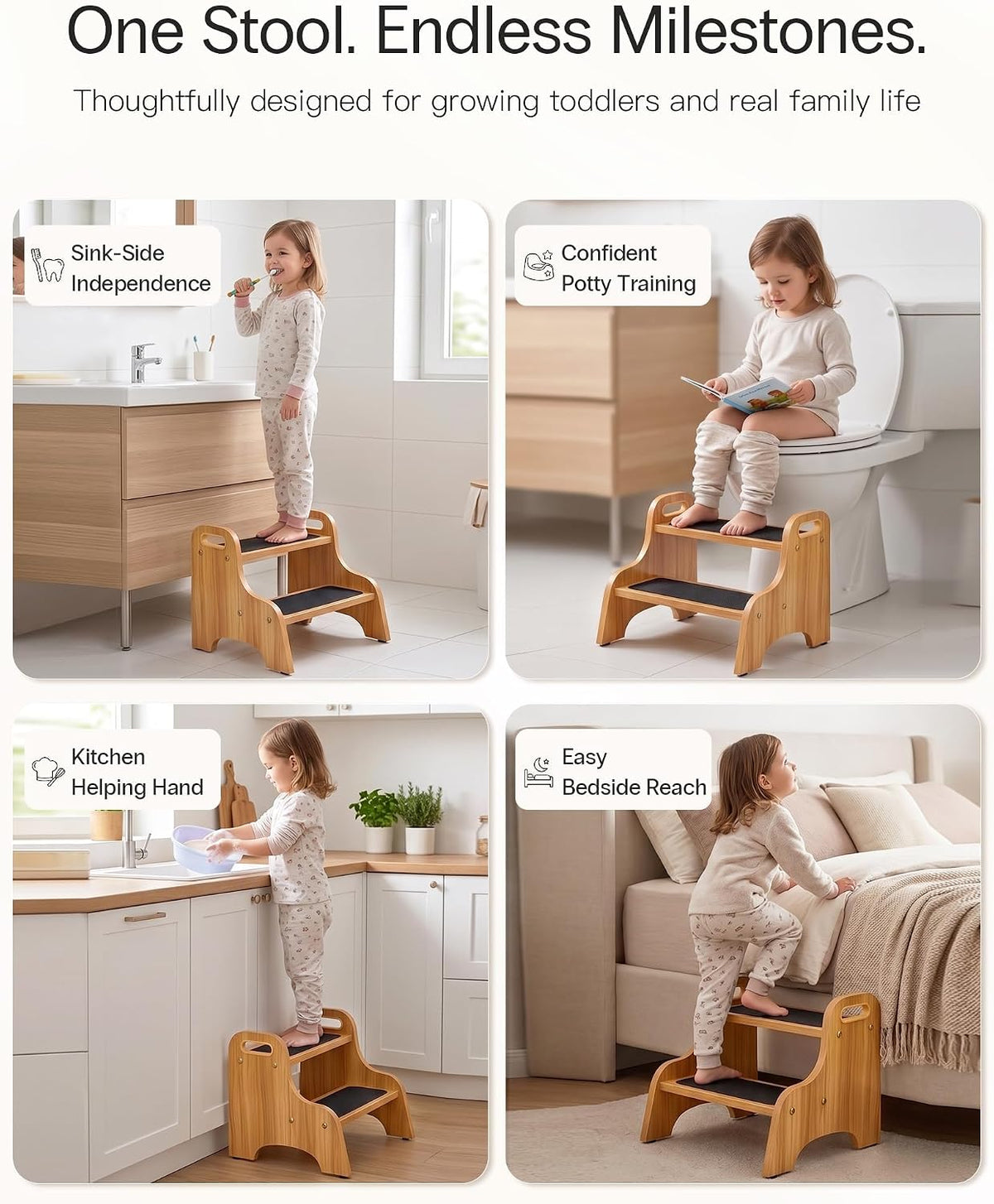 Wooden Toddler 2 Step Stool, 350 lb, Non-Slip, Natural