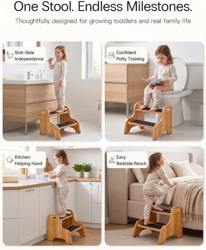 Wooden Toddler 2 Step Stool, 350 lb, Non-Slip, Natural