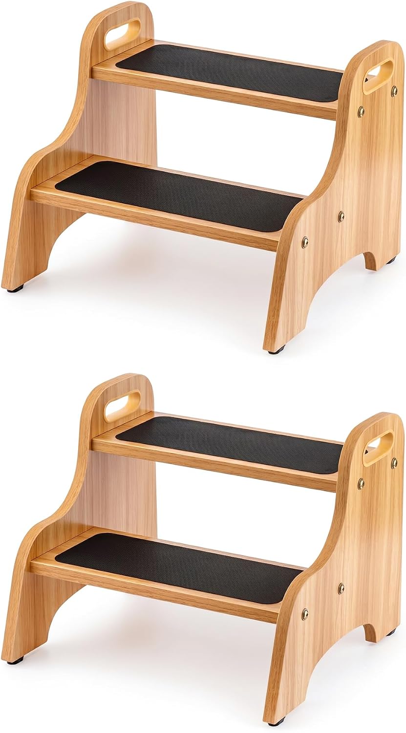 Wooden Toddler 2 Step Stool, 350 lb, Non-Slip, Natural