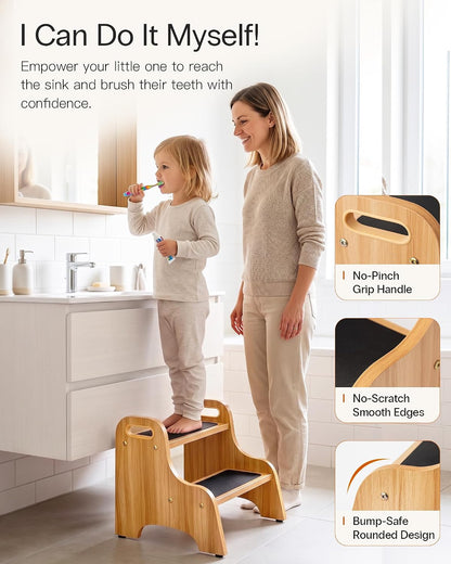 Wooden Toddler 2 Step Stool, 350 lb, Non-Slip, Natural