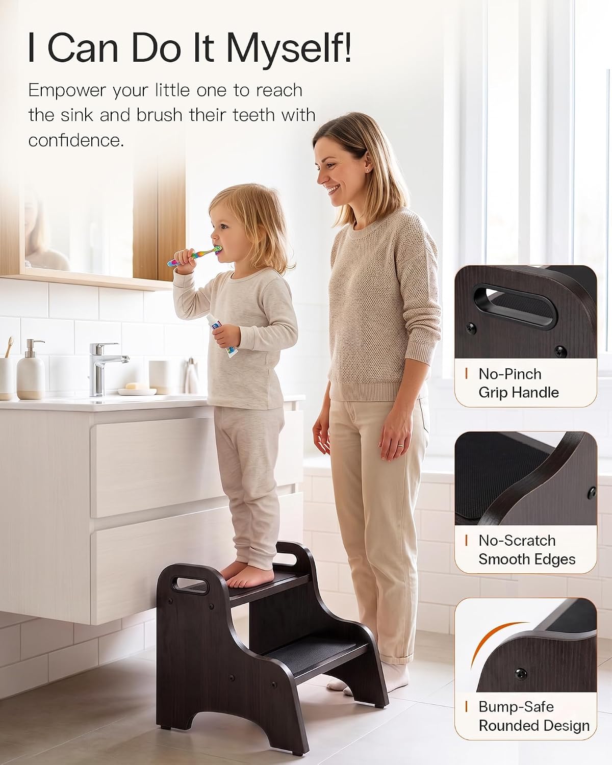 Wooden Toddler 2 Step Stool, 350 lb, Non-Slip, Natural