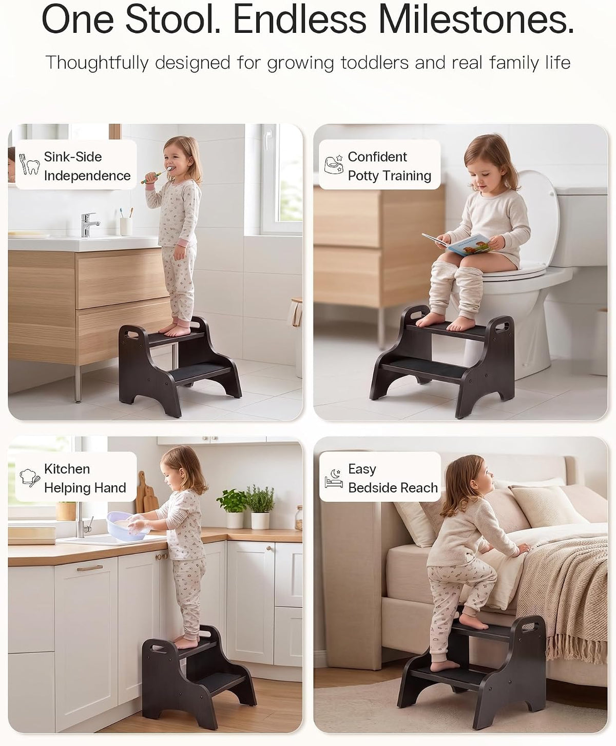 Wooden Toddler 2 Step Stool, 350 lb, Non-Slip, Natural