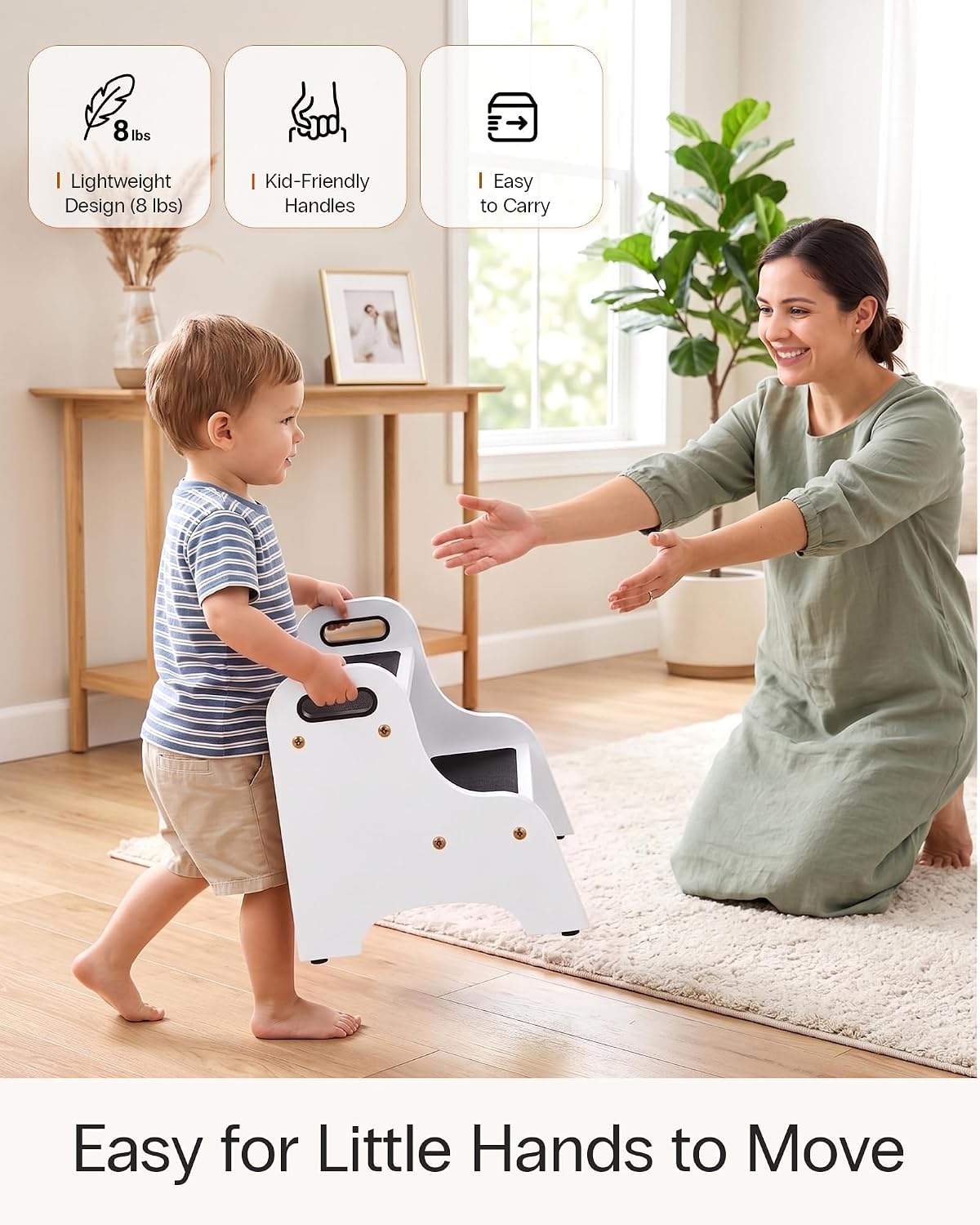 Wooden Toddler 2 Step Stool, 350 lb, Non-Slip, Natural