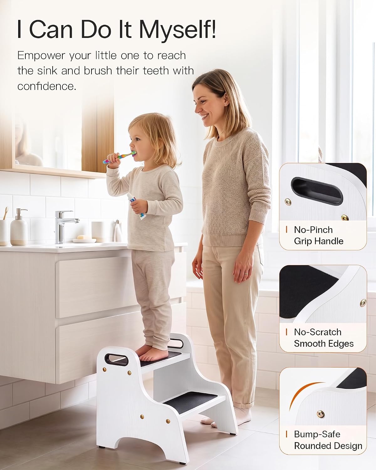 Wooden Toddler 2 Step Stool, 350 lb, Non-Slip, Natural
