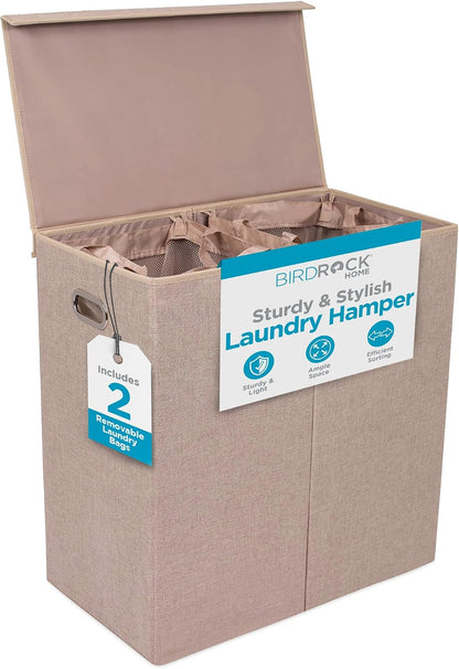 Double Laundry Hamper with Lid and Removable Liners | Linen | Easily Transport Laundry | Foldable Hamper | Cut Out Handles