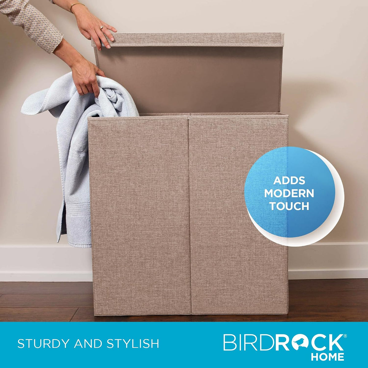 Double Laundry Hamper with Lid and Removable Liners | Linen | Easily Transport Laundry | Foldable Hamper | Cut Out Handles