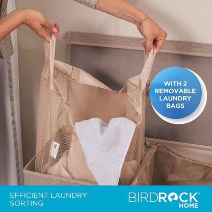 Double Laundry Hamper with Lid and Removable Liners | Linen | Easily Transport Laundry | Foldable Hamper | Cut Out Handles
