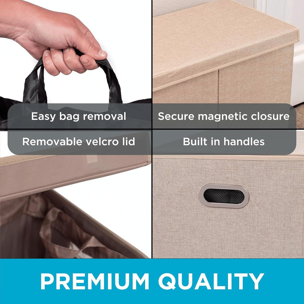 Double Laundry Hamper with Lid and Removable Liners | Linen | Easily Transport Laundry | Foldable Hamper | Cut Out Handles
