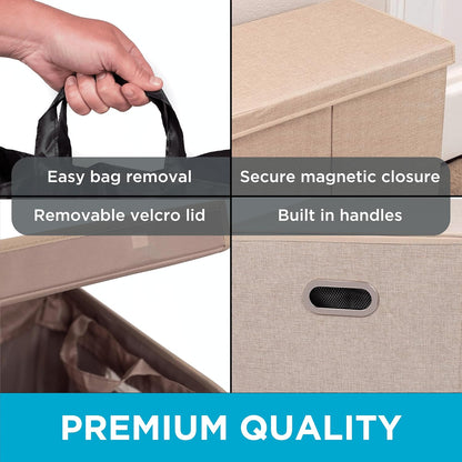 Double Laundry Hamper with Lid and Removable Liners | Linen | Easily Transport Laundry | Foldable Hamper | Cut Out Handles