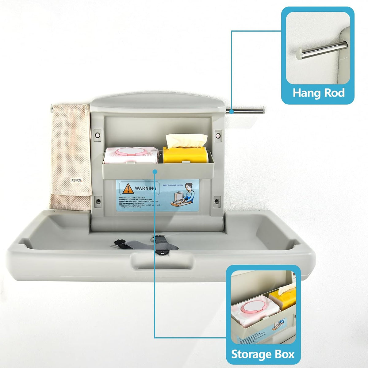 Fold-Down Baby Changing Station - Wall-Mounted, Space-Saving Design with Safety Straps for Commercial & Residential Restrooms (Grey)