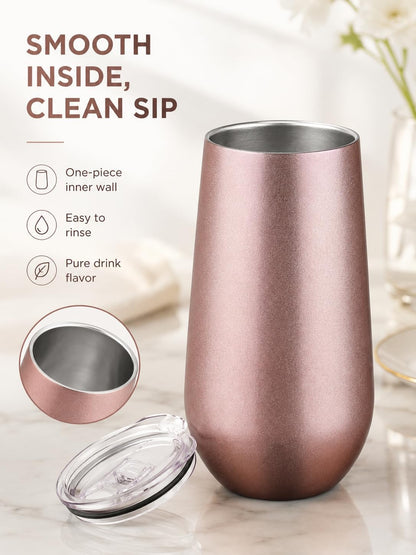 6oz Stemless Champagne Flutes, Insulated Wine Tumbler with Lid for Travel, Copper Lined Gift for Bridesmaids Wedding (Steel)