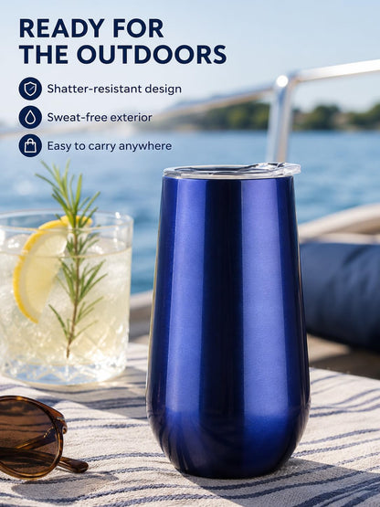 6oz Stemless Champagne Flutes, Insulated Wine Tumbler with Lid for Travel, Copper Lined Gift for Bridesmaids Wedding (Steel)
