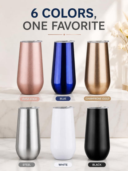 6oz Stemless Champagne Flutes, Insulated Wine Tumbler with Lid for Travel, Copper Lined Gift for Bridesmaids Wedding (Steel)