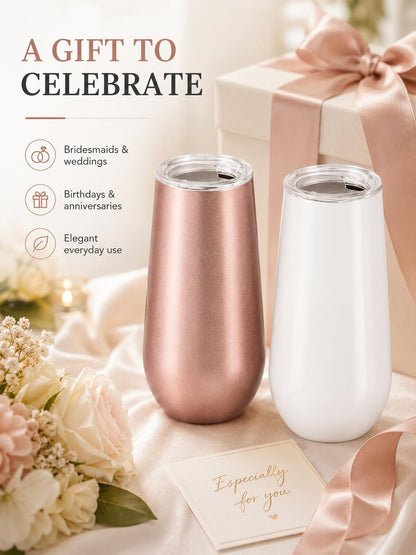 6oz Stemless Champagne Flutes, Insulated Wine Tumbler with Lid for Travel, Copper Lined Gift for Bridesmaids Wedding (Steel)
