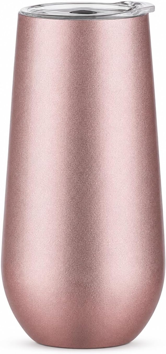 6oz Stemless Champagne Flutes, Insulated Wine Tumbler with Lid for Travel, Copper Lined Gift for Bridesmaids Wedding (Steel)