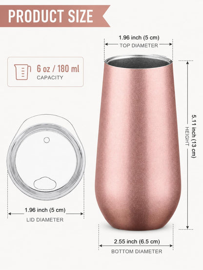 6oz Stemless Champagne Flutes, Insulated Wine Tumbler with Lid for Travel, Copper Lined Gift for Bridesmaids Wedding (Steel)