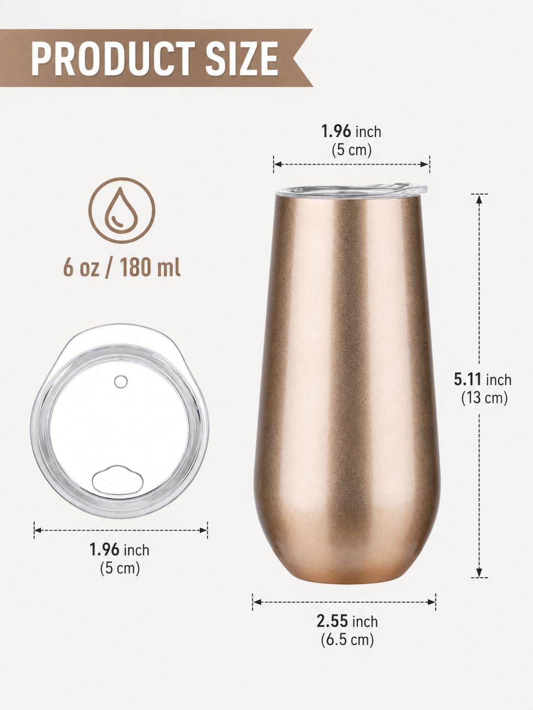 6oz Stemless Champagne Flutes, Insulated Wine Tumbler with Lid for Travel, Copper Lined Gift for Bridesmaids Wedding (Steel)