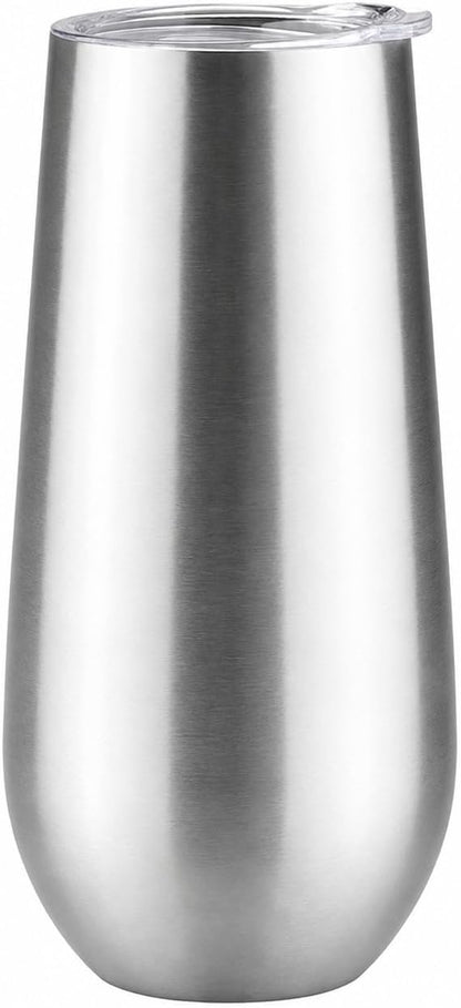 6oz Stemless Champagne Flutes, Insulated Wine Tumbler with Lid for Travel, Copper Lined Gift for Bridesmaids Wedding (Steel)