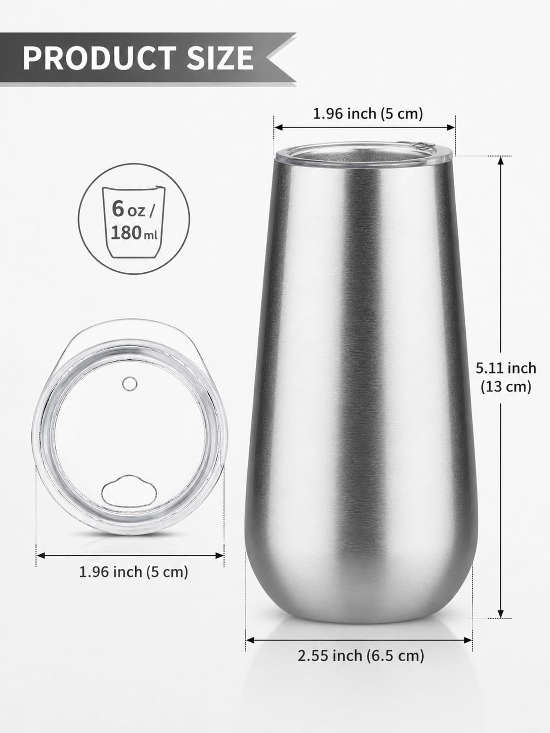 6oz Stemless Champagne Flutes, Insulated Wine Tumbler with Lid for Travel, Copper Lined Gift for Bridesmaids Wedding (Steel)