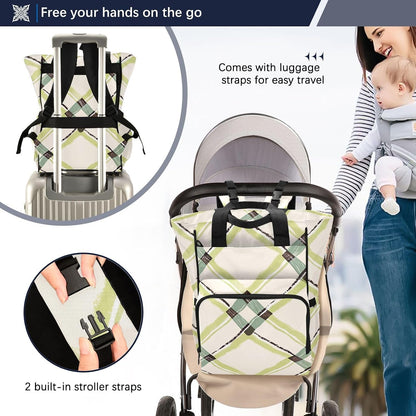 Diaper Bag Backpack, Multifunction Travel Bag for Moms Dads, Baby Changing Bag with Insulted Pockets, Stroller Straps and Side Bottle Pockets Fashionable Plaid