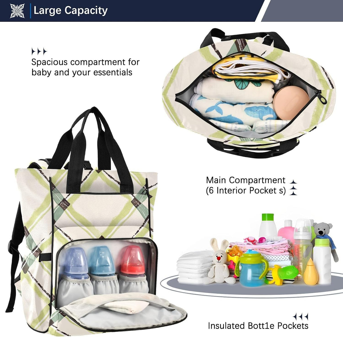 Diaper Bag Backpack, Multifunction Travel Bag for Moms Dads, Baby Changing Bag with Insulted Pockets, Stroller Straps and Side Bottle Pockets Fashionable Plaid