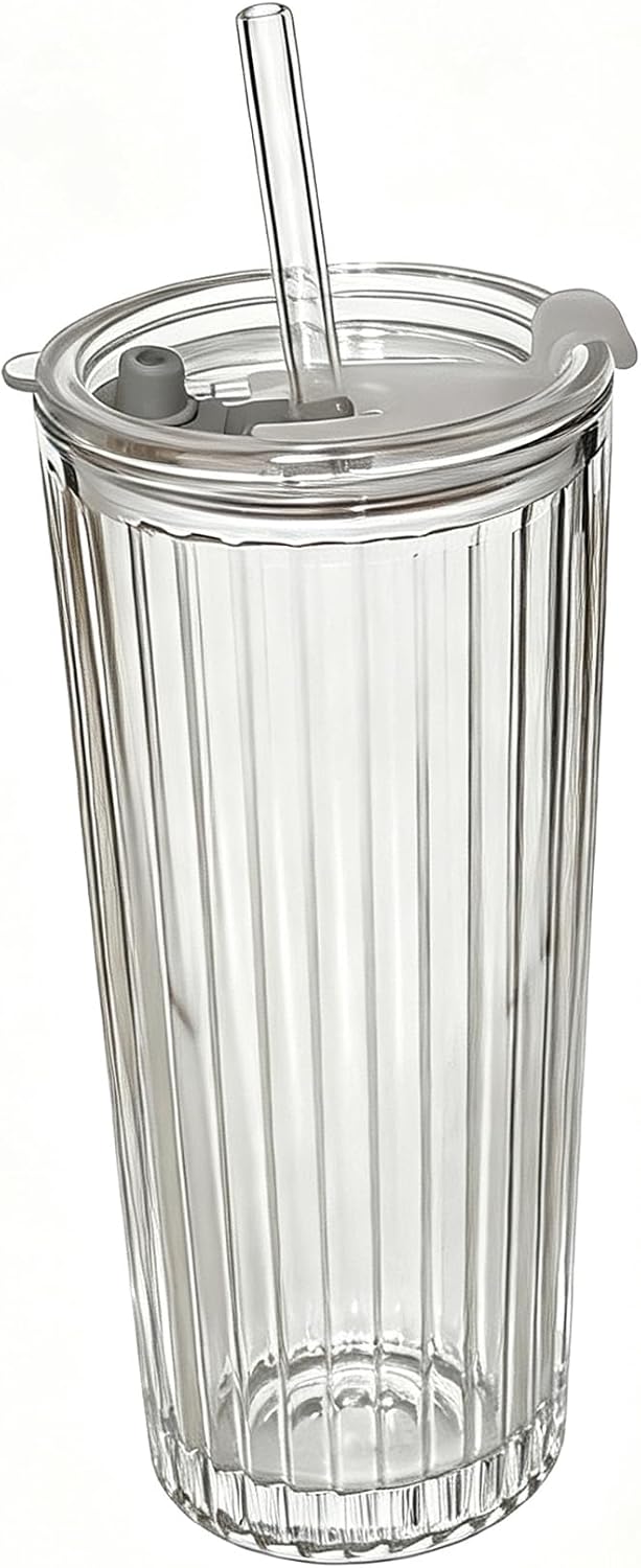 Tall Vertical Ribbed Glass Tumbler with Lid and Straw, 530ml Large Capacity Clear & Smoke Gray Drinking Cup for Iced Coffee, Latte, Water, Home Office Daily Use (RIB-GLASS-TUMBLER-SMOKEGRAY)