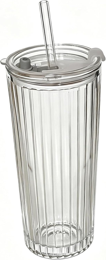 Tall Vertical Ribbed Glass Tumbler with Lid and Straw, 530ml Large Capacity Clear & Smoke Gray Drinking Cup for Iced Coffee, Latte, Water, Home Office Daily Use (RIB-GLASS-TUMBLER-SMOKEGRAY)
